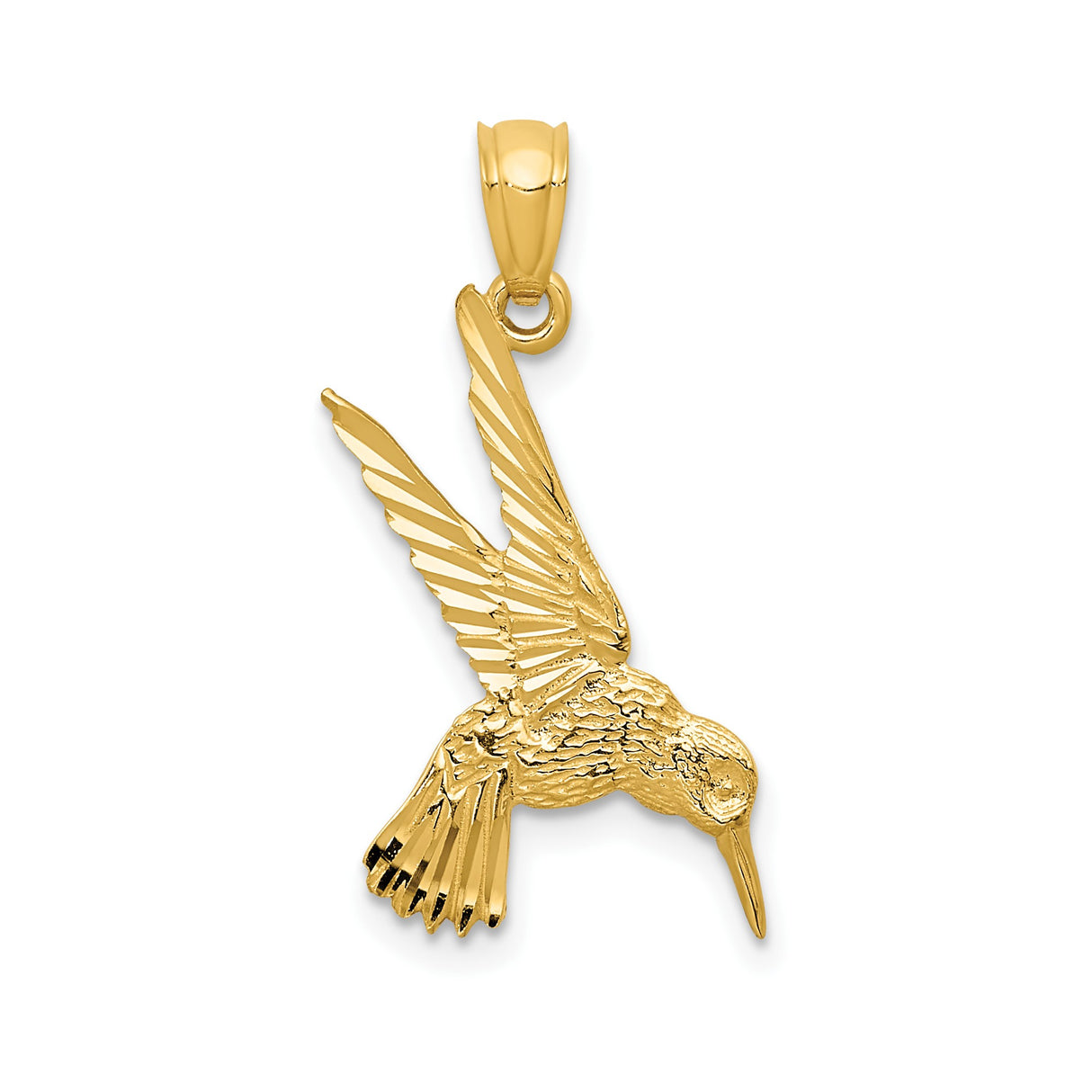 14k Yellow Gold Hummingbird Pendant with Detailed Wings and Feathers, Nature Inspired Charm