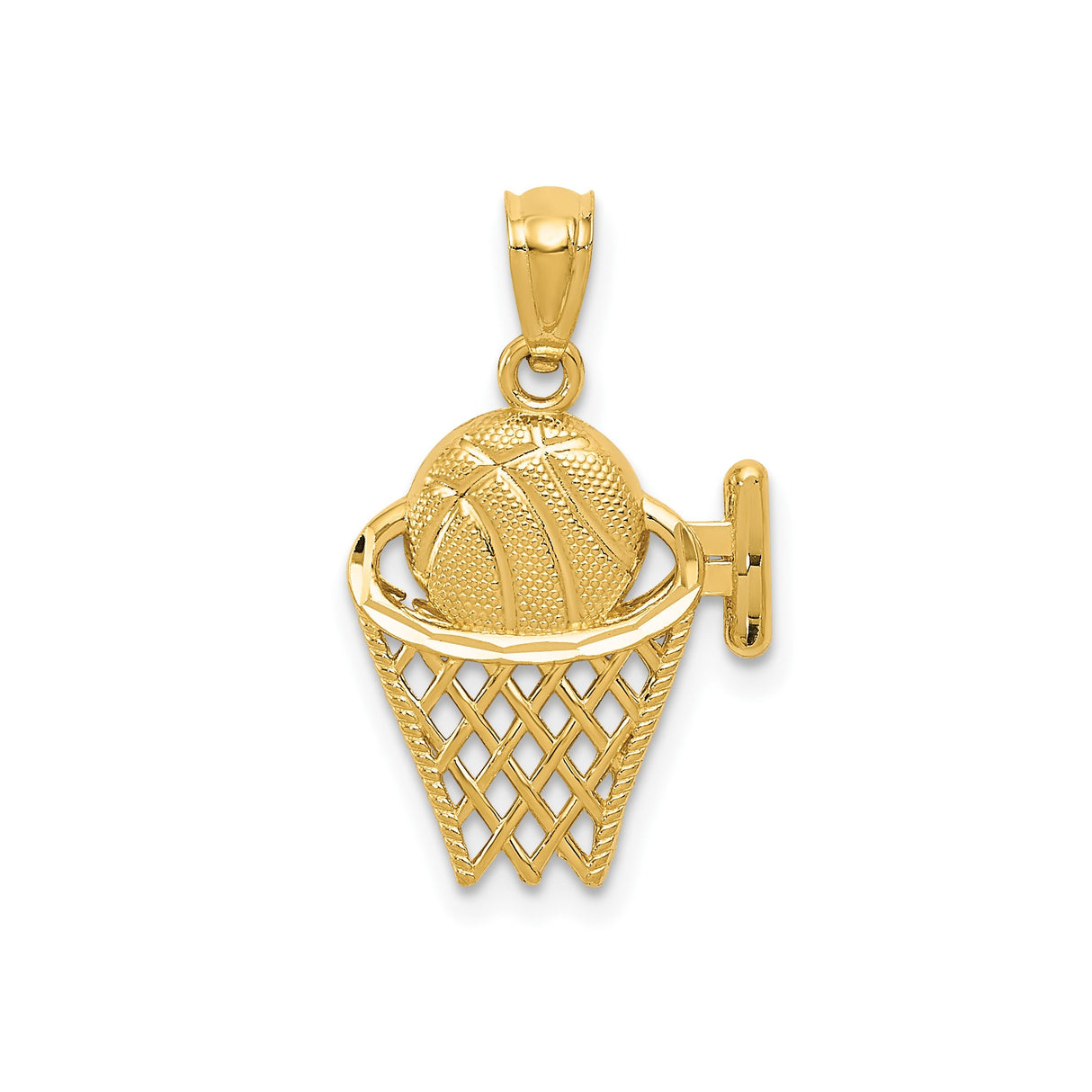 14k Yellow Gold Basketball Hoop Pendant, Detailed Net Design for Men or Sports Lovers