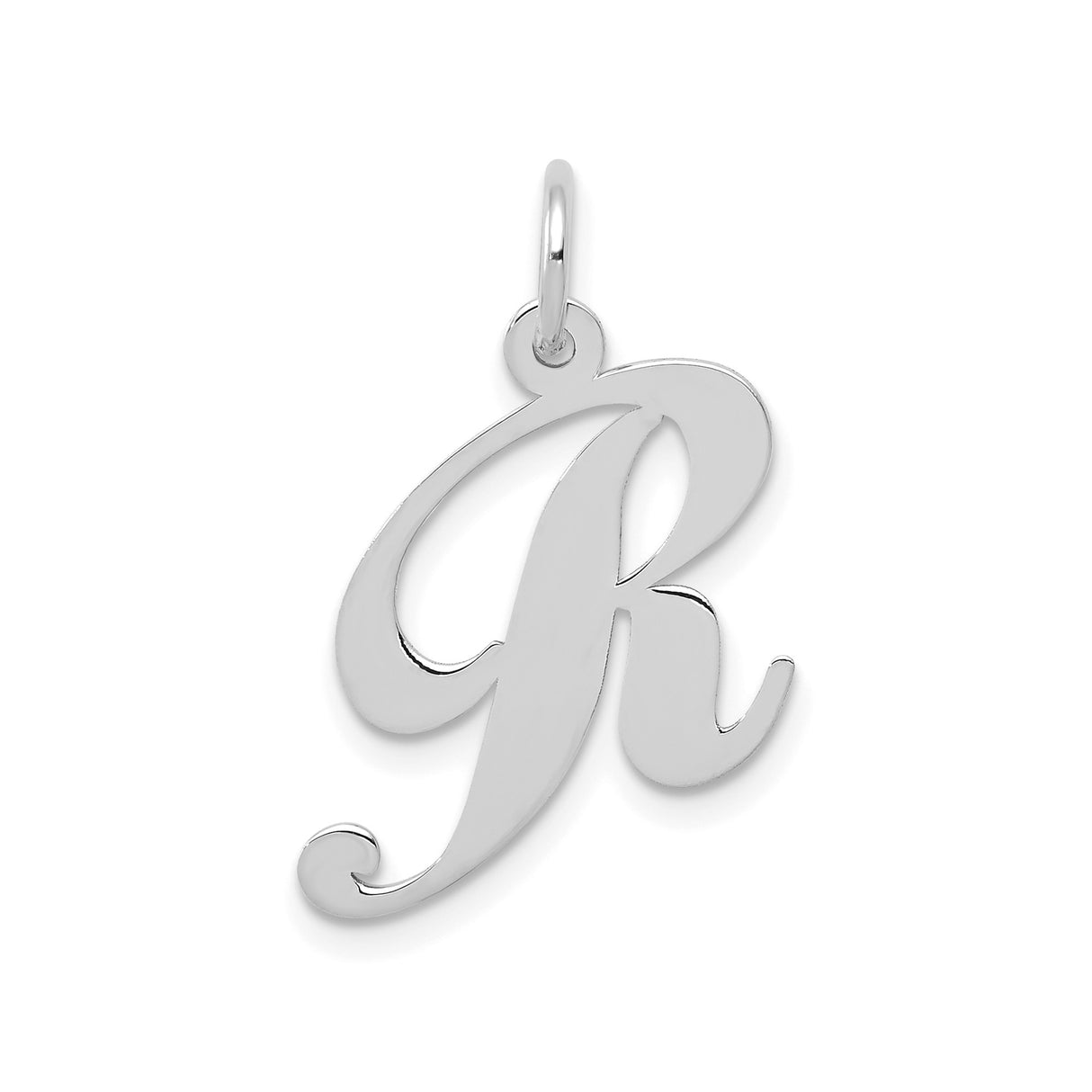 14k White Gold Script Letter R Pendant, Polished Initial Charm for Women or Bracelet