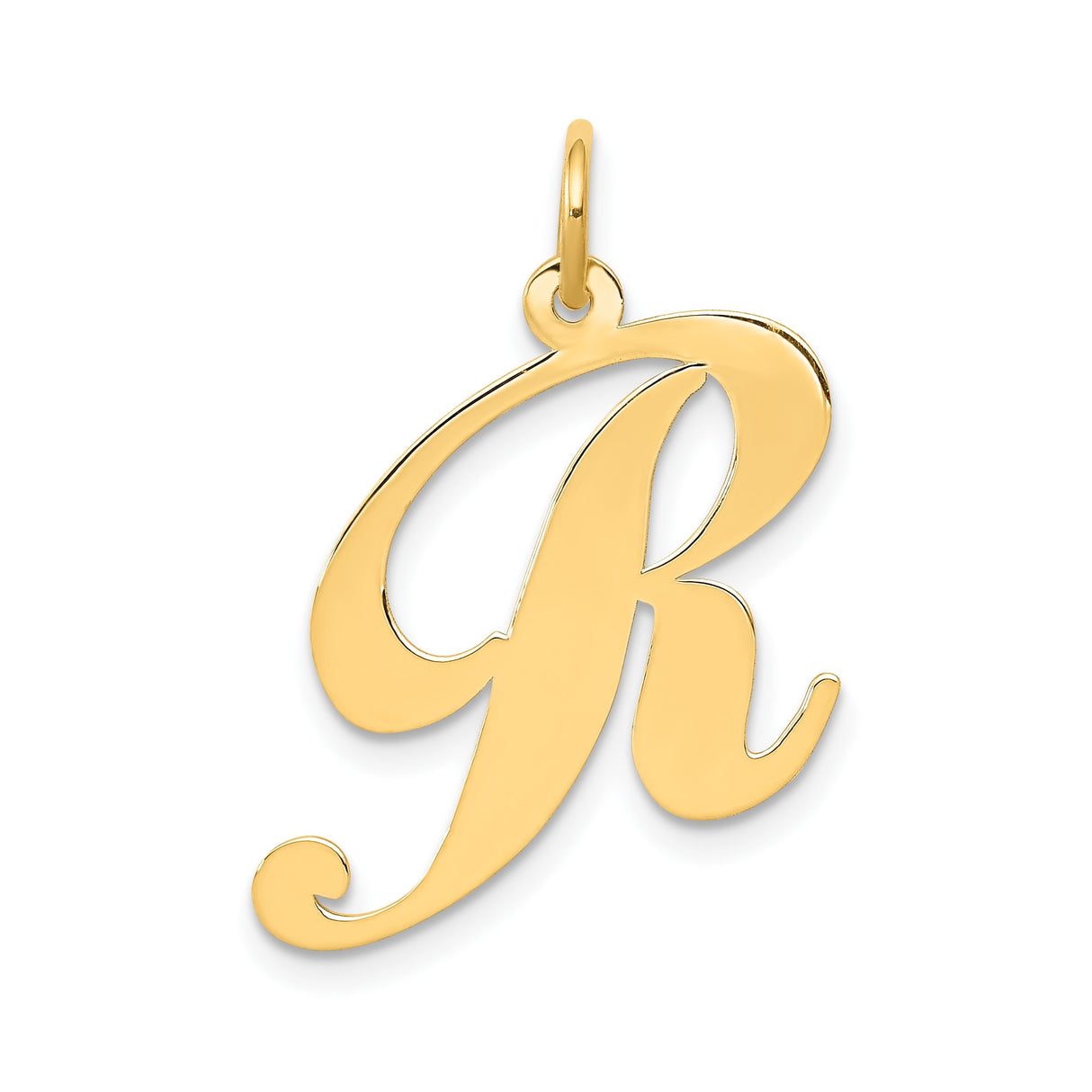 14k Yellow Gold Script Letter R Pendant, Polished Cursive Initial Charm for Women