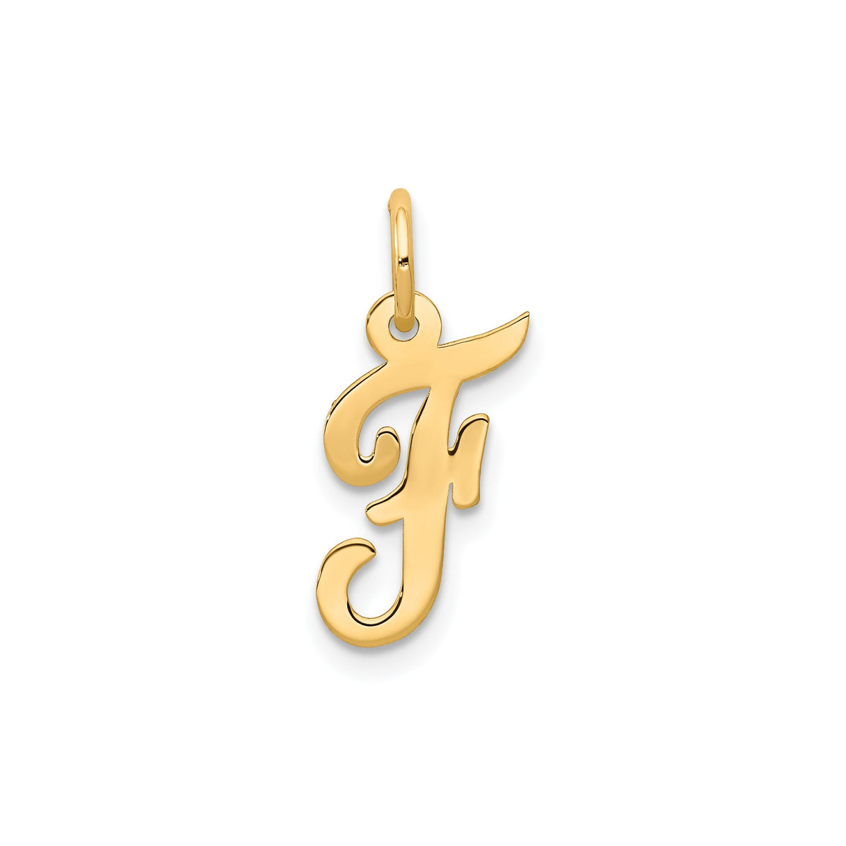 14k Yellow Gold Script Initial F Pendant, Polished Cursive Letter Charm for Women