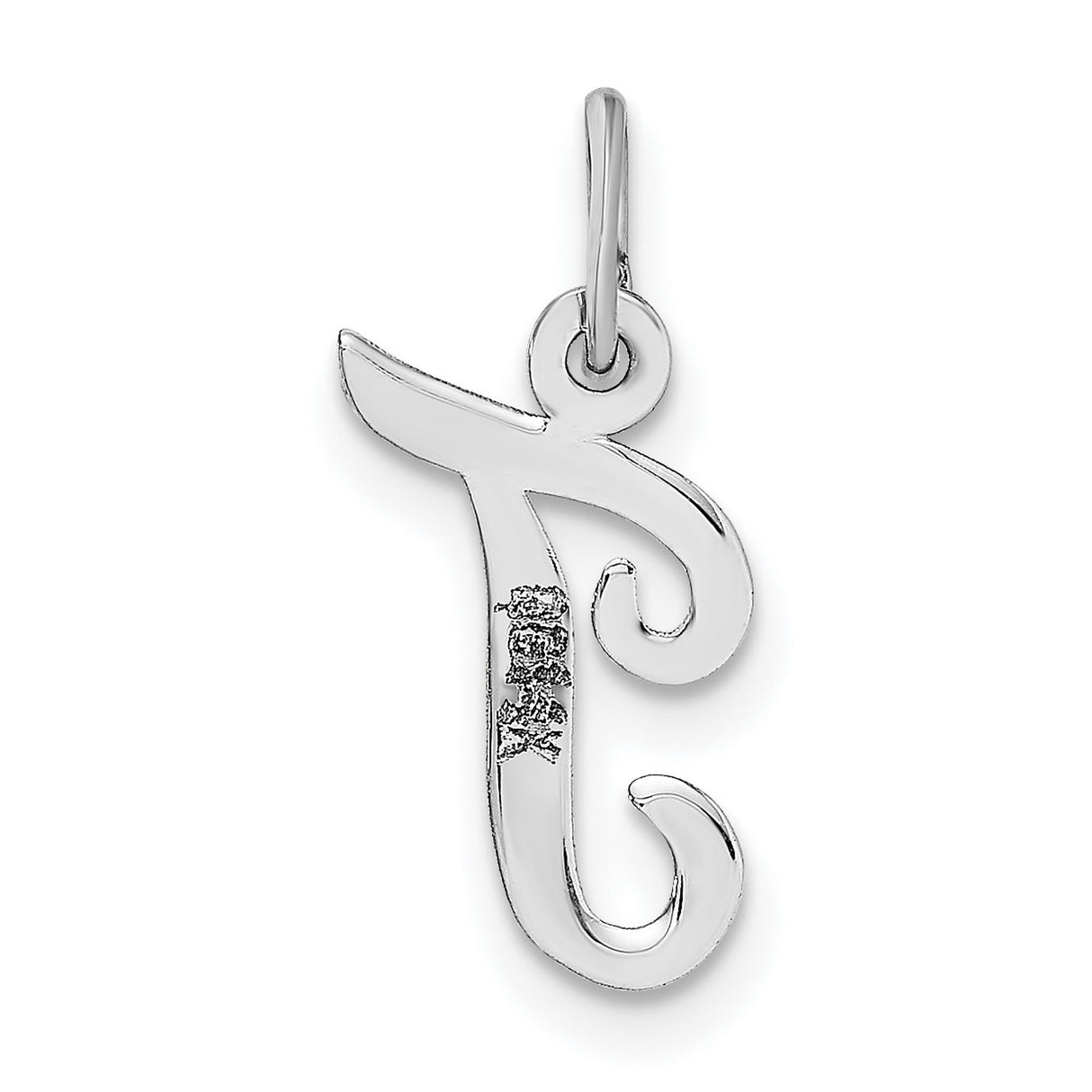 Small Polished Flat Script Upper Case Letter T Initial Charm Pendant in Real 14k White Gold