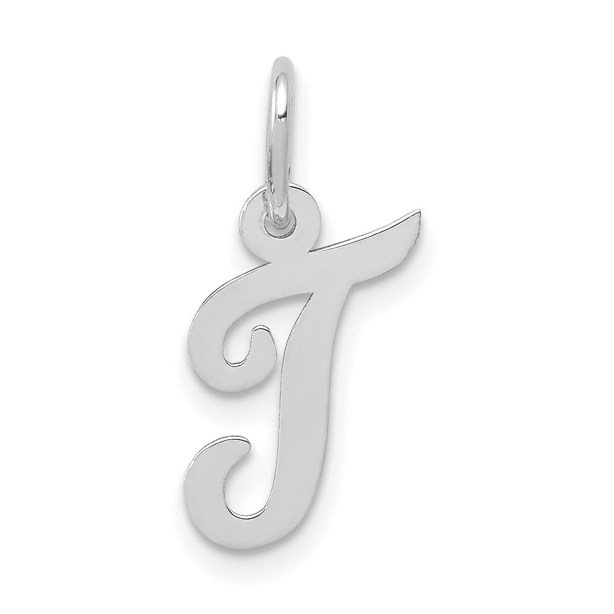 Small Polished Flat Script Upper Case Letter T Initial Charm Pendant in Real 14k White Gold