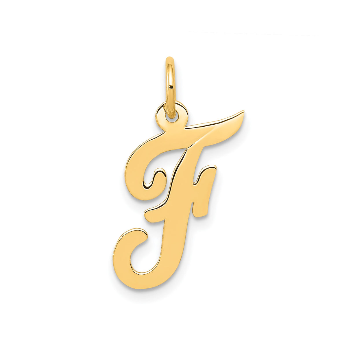14k Yellow Gold Script Letter F Pendant, Polished Cursive Initial Charm for Women