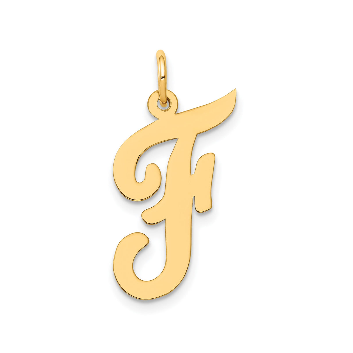 14k Yellow Gold Initial F Pendant, Polished Script Letter Charm, Unisex Monogram Jewelry