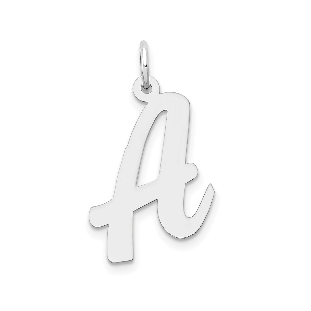 14k White Gold Script Letter A Pendant Charm, Flat Polished Uppercase Cursive Initial