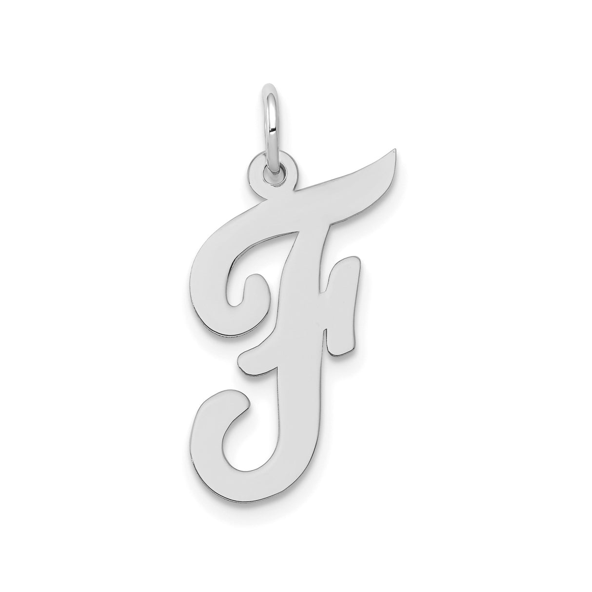 14k White Gold Script F Initial Pendant, Polished Uppercase Letter Charm for Women or Unisex Wear
