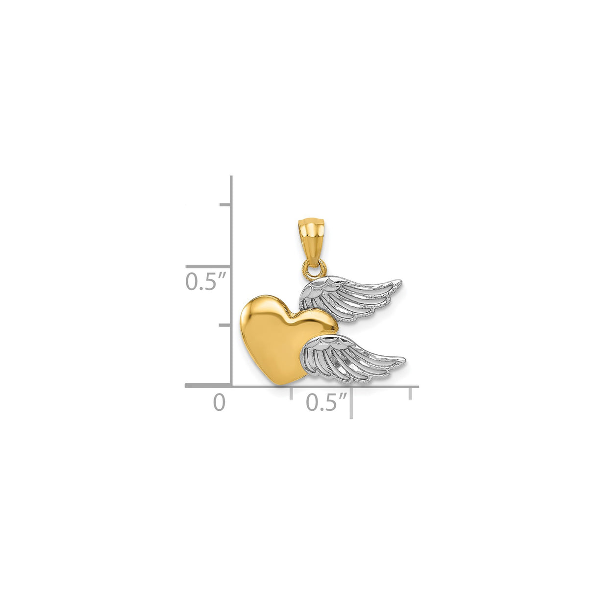 14k Two-Tone Gold Heart Pendant with Rhodium Angel Wings, Religious Memorial Charm