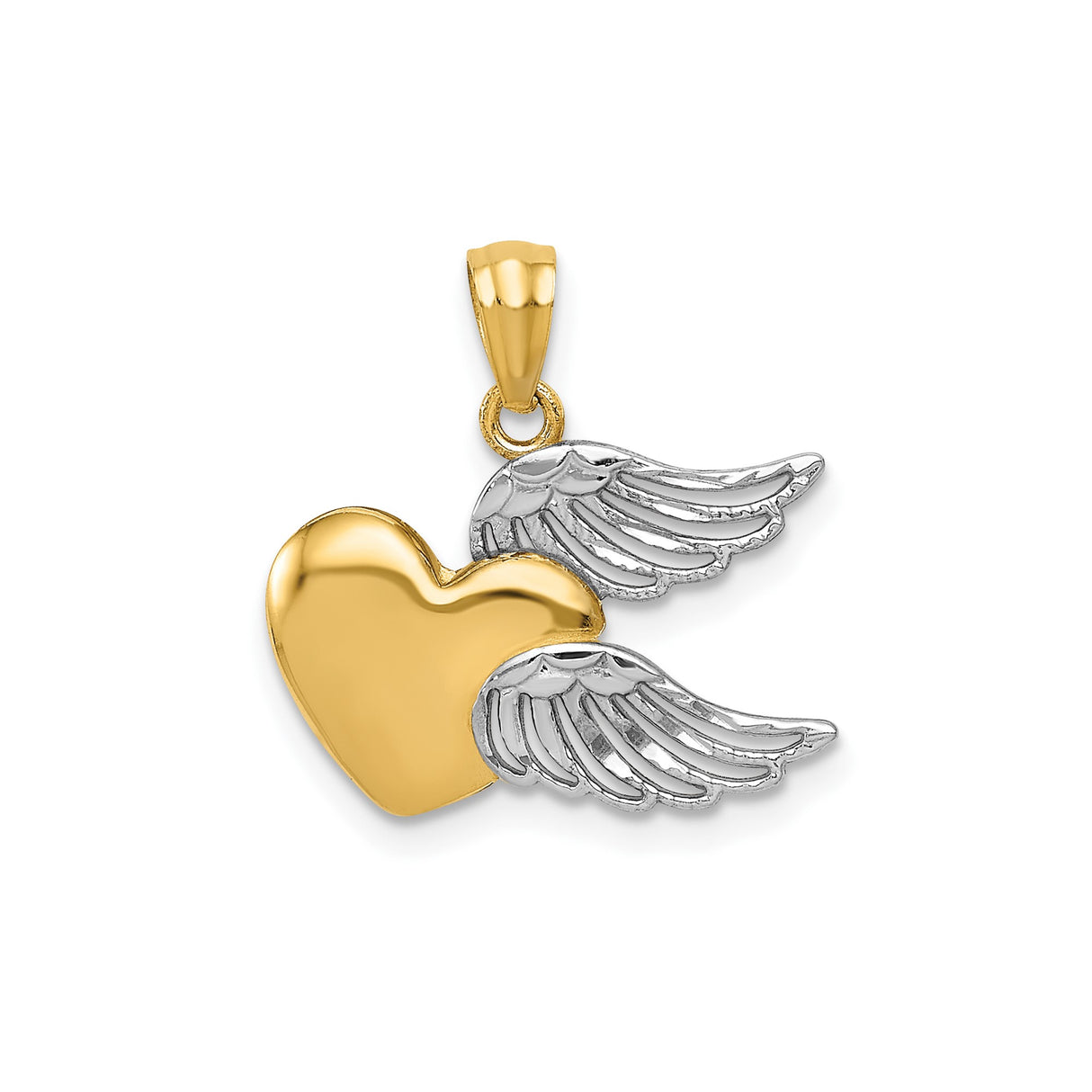 14k Two-Tone Gold Heart Pendant with Rhodium Angel Wings, Religious Memorial Charm