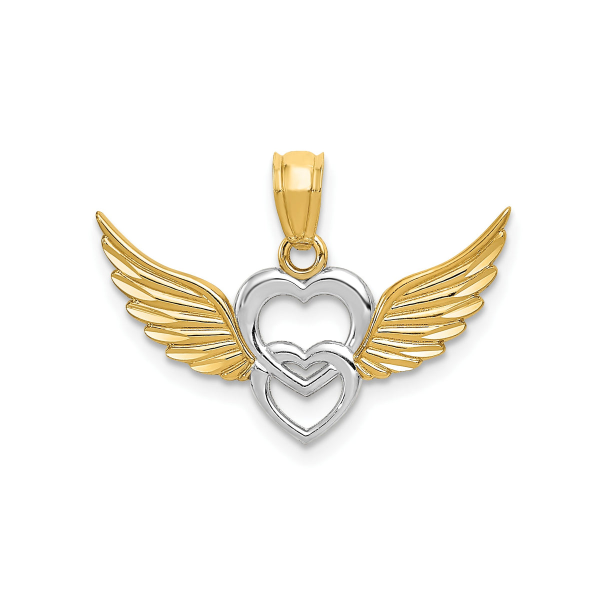 14k Multi-Tone Gold Angel Heart Pendant with Interlocking Hearts and Wings