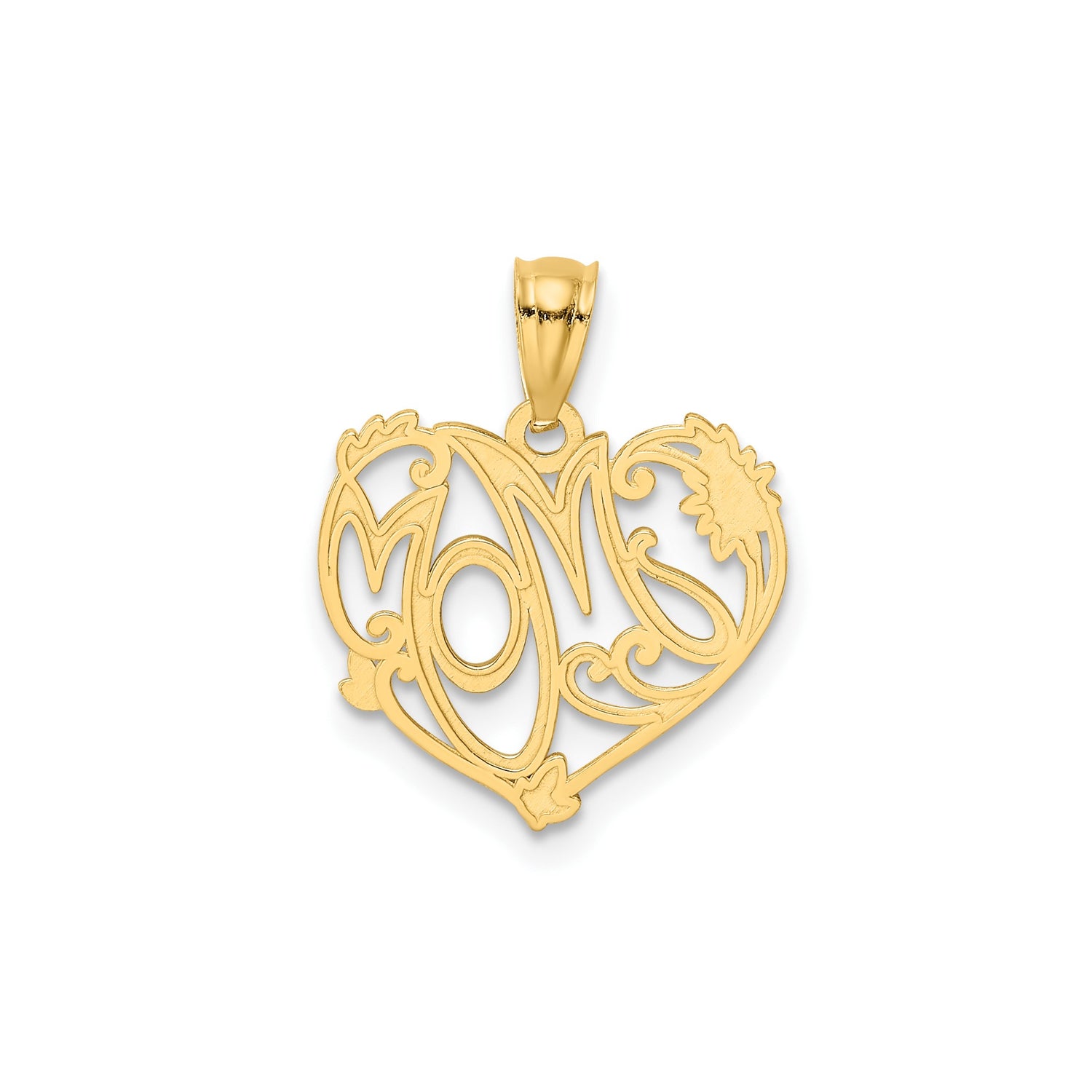 14k Yellow Gold and Rhodium Heart Pendant, Mom Script Accent, Floral Scrollwork Design