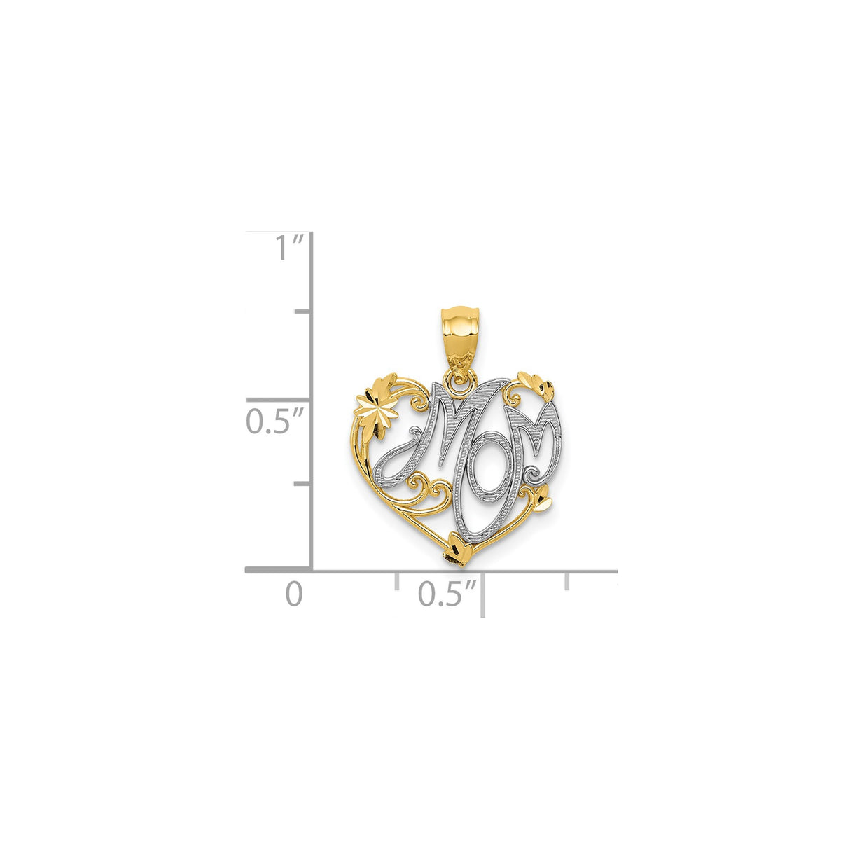 14k Yellow Gold and Rhodium Heart Pendant, Mom Script Accent, Floral Scrollwork Design