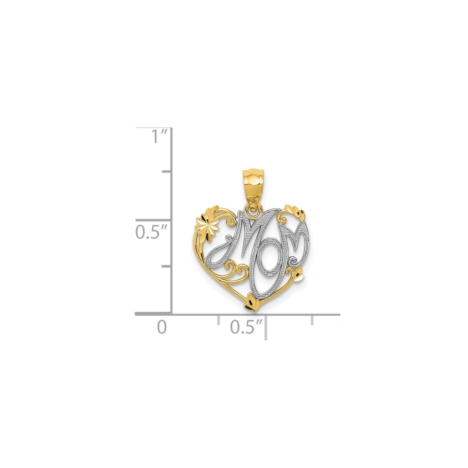 14k Yellow Gold and Rhodium Heart Pendant, Mom Script Accent, Floral Scrollwork Design
