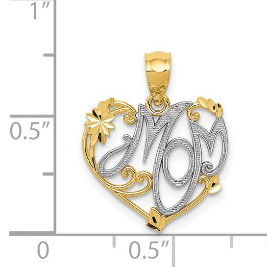 14k Yellow Gold and Rhodium Heart Pendant, Mom Script Accent, Floral Scrollwork Design