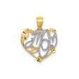 14k Yellow Gold and Rhodium Heart Pendant, Mom Script Accent, Floral Scrollwork Design
