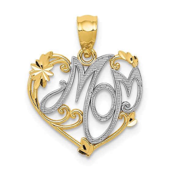 14k Yellow Gold and Rhodium Heart Pendant, Mom Script Accent, Floral Scrollwork Design