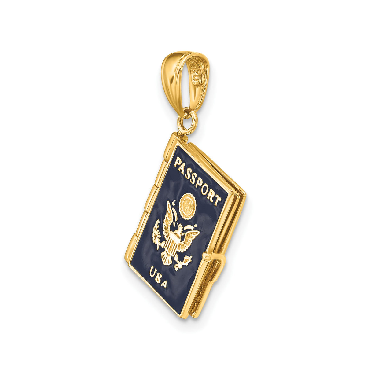 14k Yellow Gold Passport Charm Pendant, Enamel USA Great Seal Travel Jewelry, Unisex Patriotic Theme
