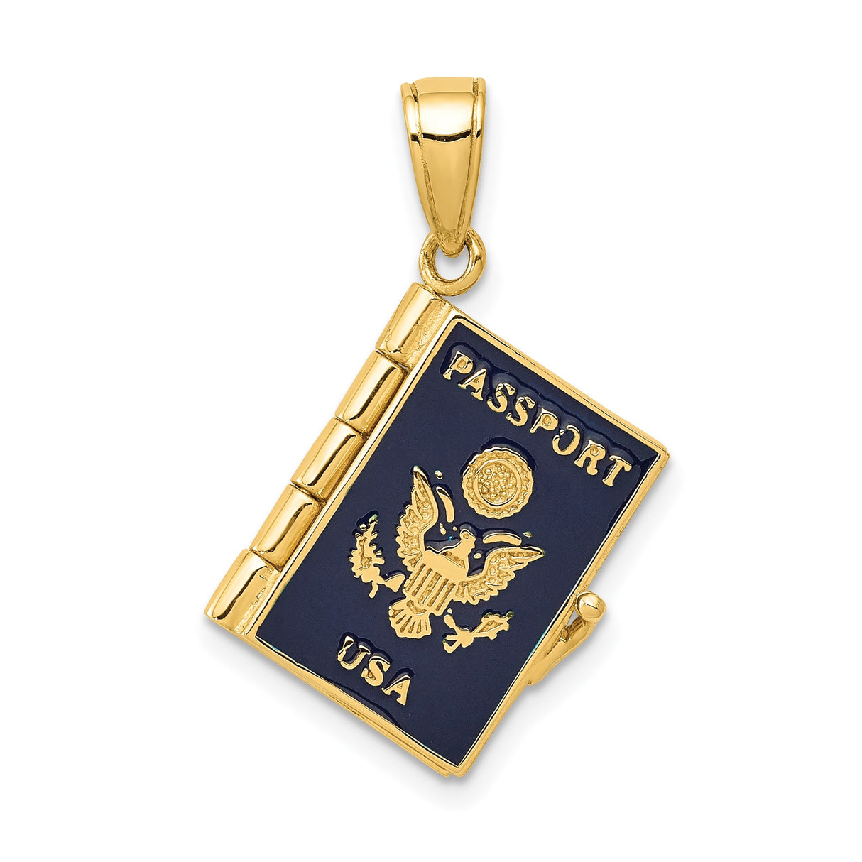 14k Yellow Gold Passport Charm Pendant, Enamel USA Great Seal Travel Jewelry, Unisex Patriotic Theme