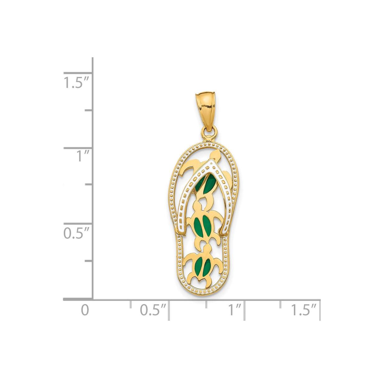 14k Yellow Gold Flip-Flop Pendant with Green Enamel Sea Turtles, Tropical Beach Charm