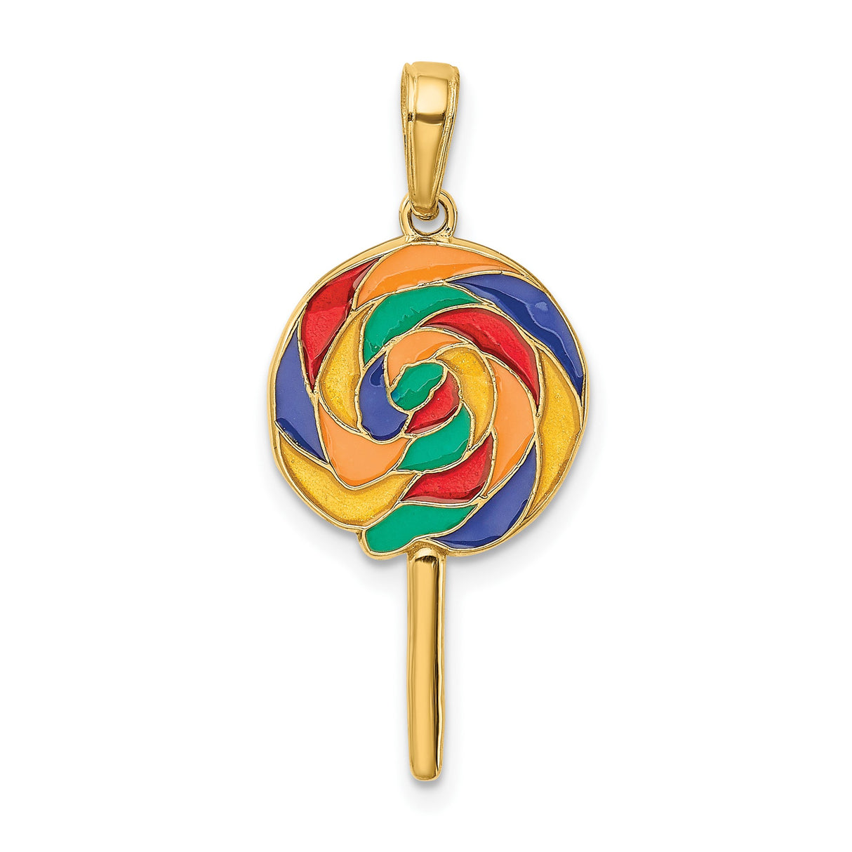14k Yellow Gold Lollipop Pendant with Colorful Enamel Swirls, Candy-Inspired Whimsical Charm