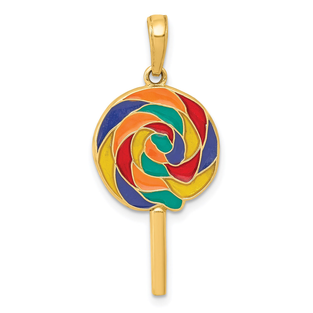 14k Yellow Gold Lollipop Pendant with Colorful Enamel Swirls, Candy-Inspired Whimsical Charm