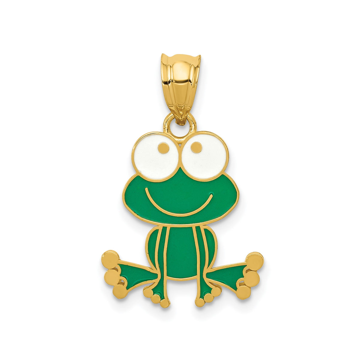 14k Yellow Gold Frog Pendant with Green Enamel and Large Eyes, Cartoon Animal Charm for Kids or Women