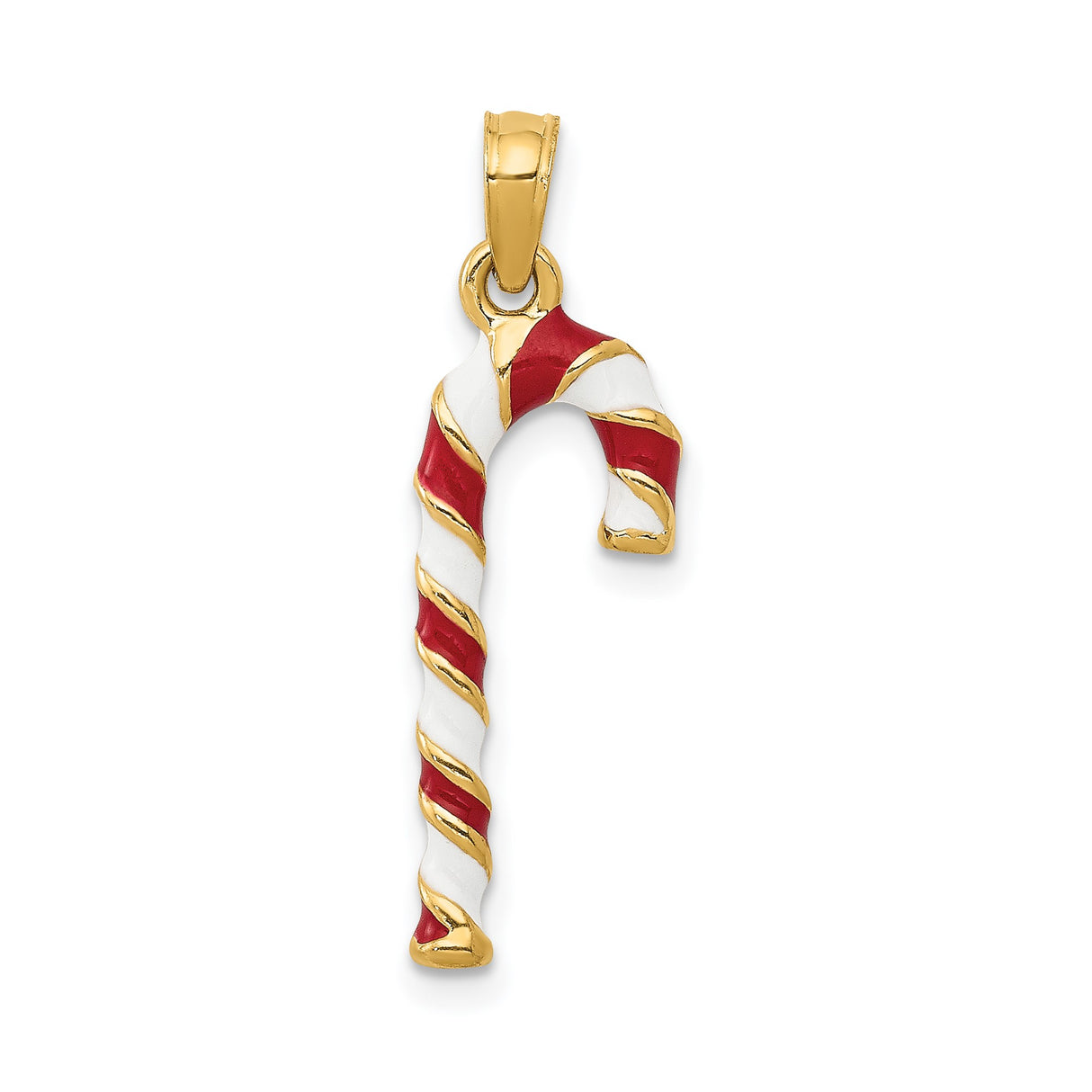 14k Yellow Gold Candy Cane Pendant with Red and White Enamel, Christmas Holiday Jewelry