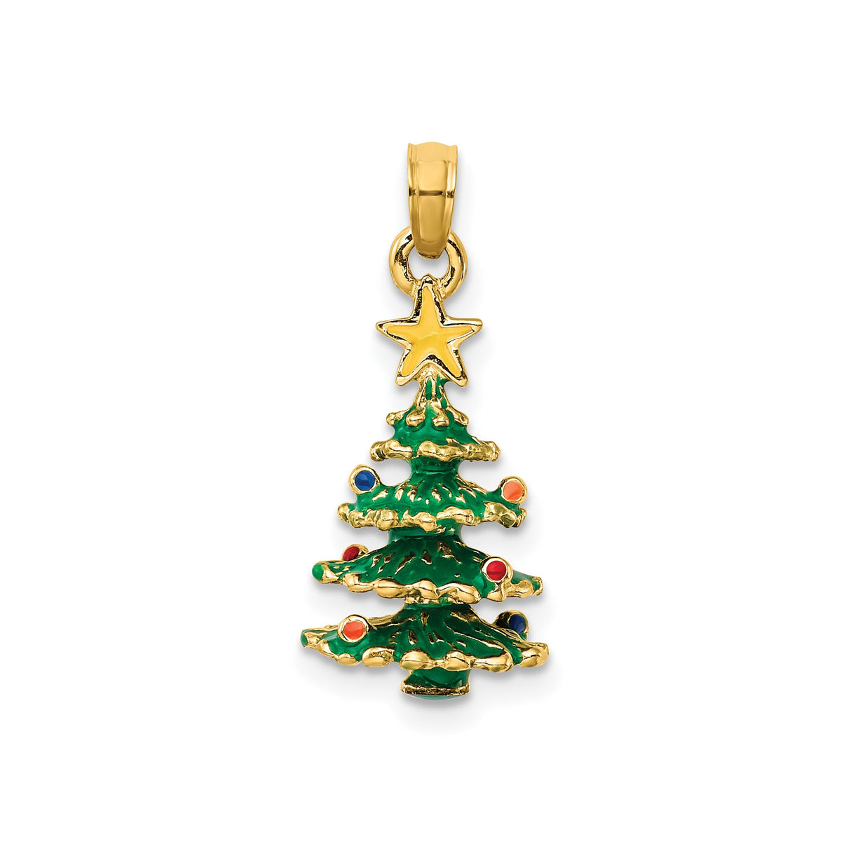 14k Yellow Gold Christmas Tree Pendant with Colorful Enamel and Star Topper