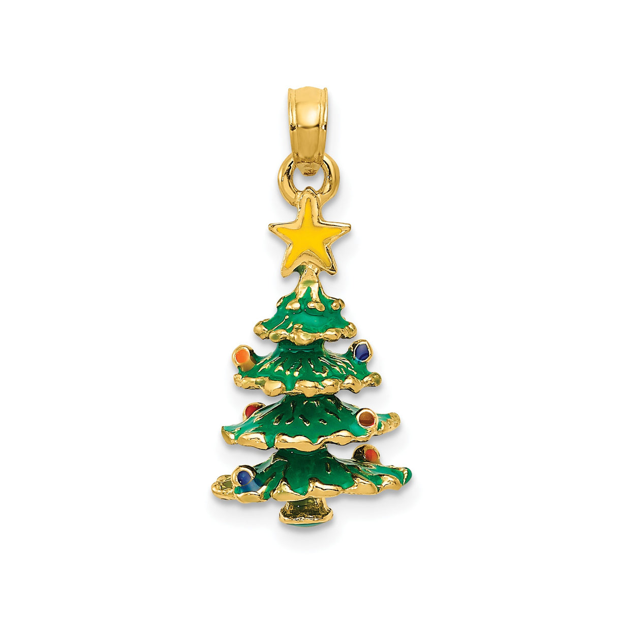14k Yellow Gold Christmas Tree Pendant with Colorful Enamel and Star Topper