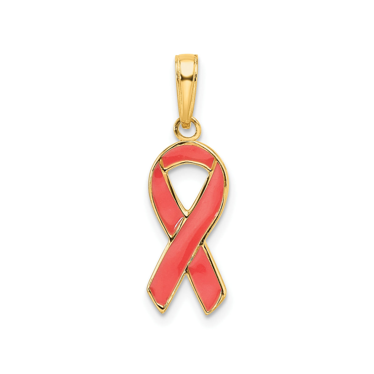 14k Yellow Gold Pendant with Pink Awareness Ribbon and Glossy Enamel Finish for Women