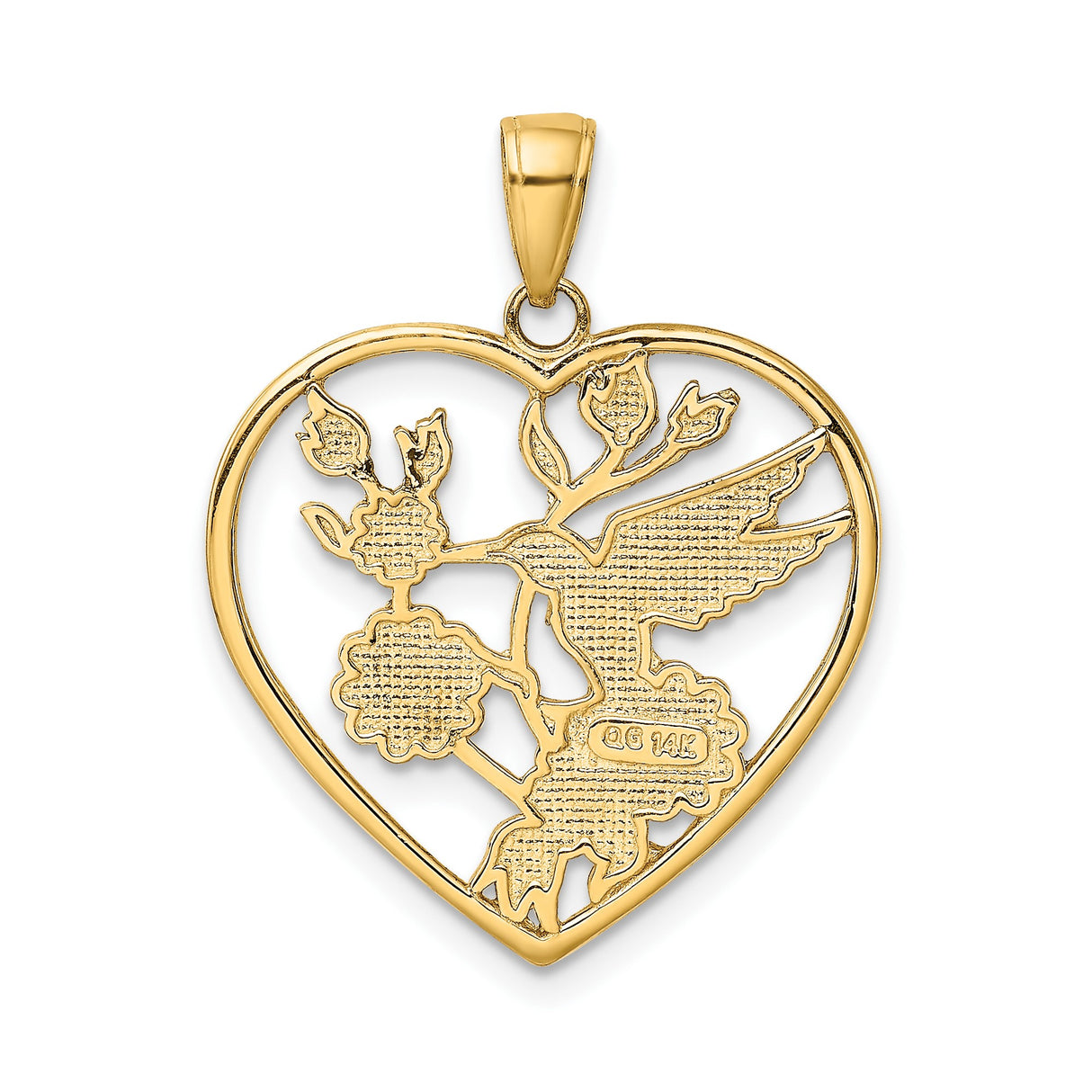 14k Yellow Gold Heart Pendant with Colorful Enamel Hummingbird and Floral Design
