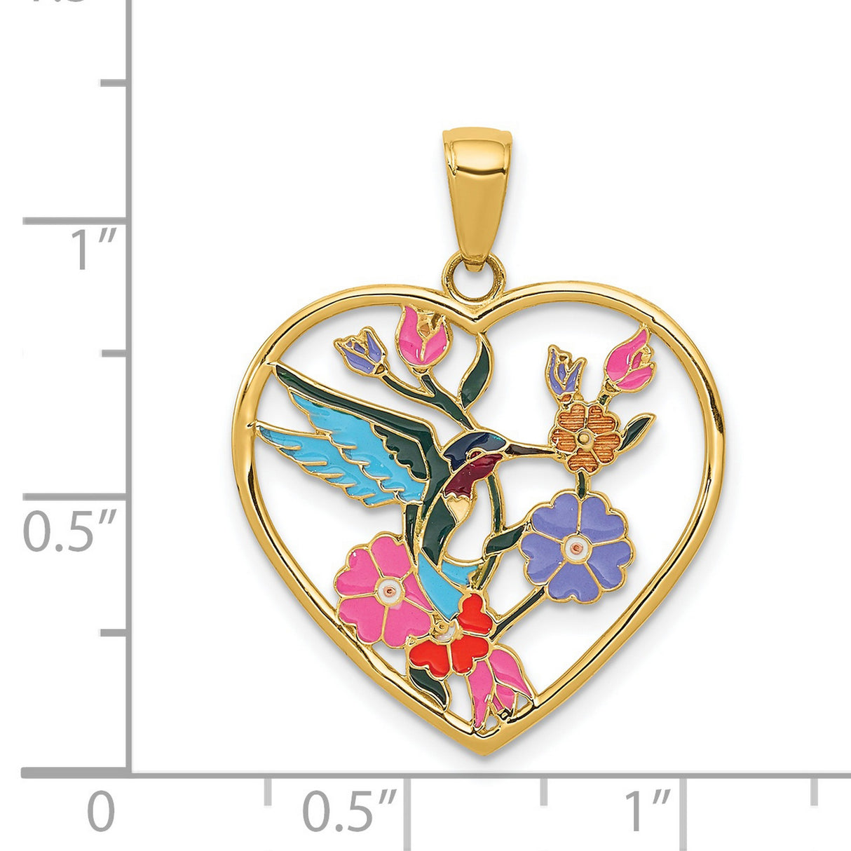 14k Yellow Gold Heart Pendant with Colorful Enamel Hummingbird and Floral Design