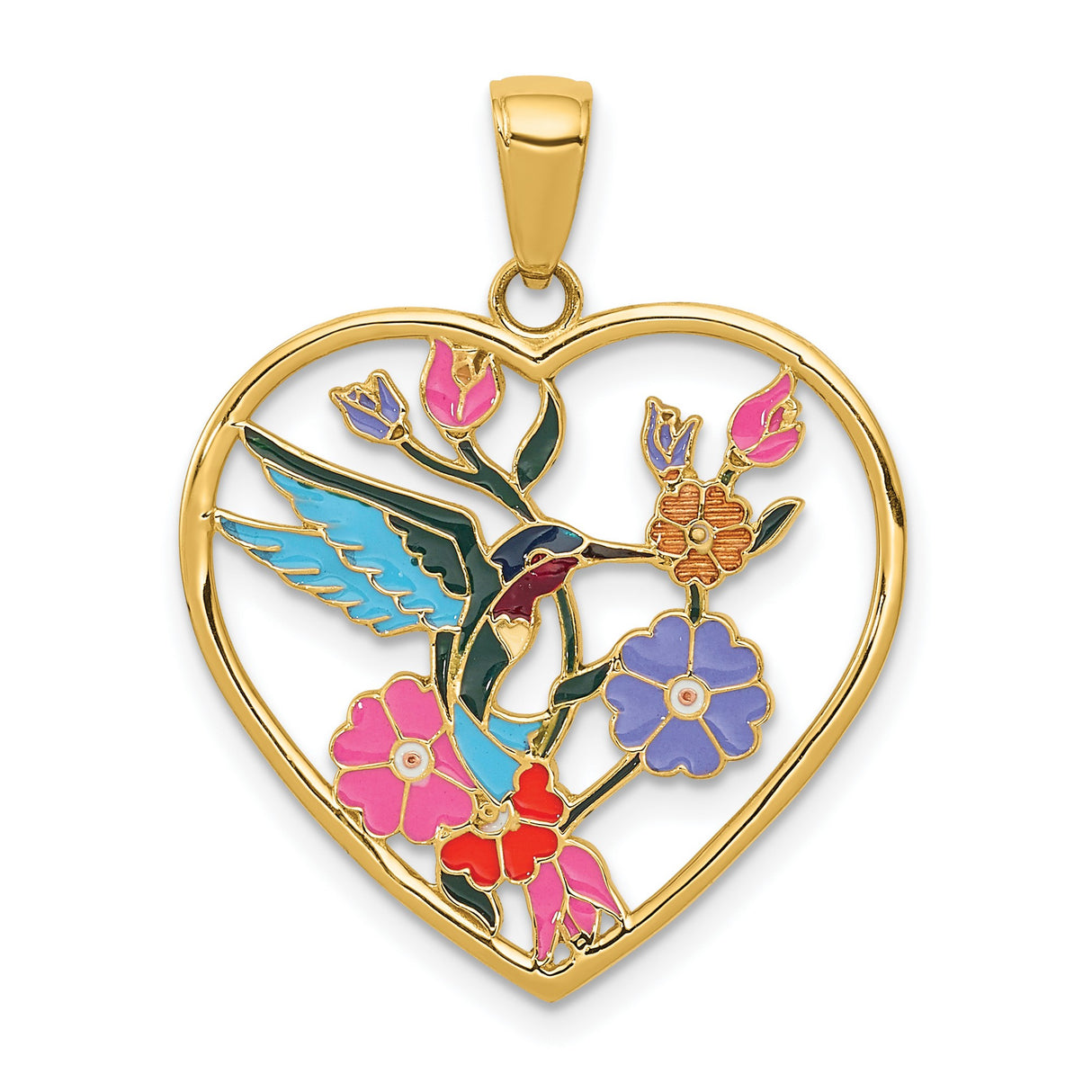 14k Yellow Gold Heart Pendant with Colorful Enamel Hummingbird and Floral Design