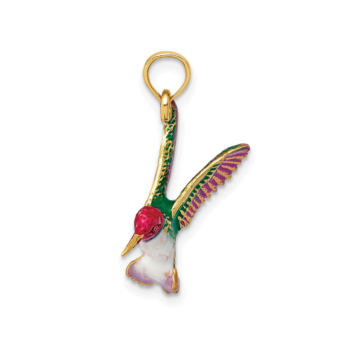 14k Yellow Gold Hummingbird Pendant with Colorful Enamel Accents, Nature-Inspired Bird Charm