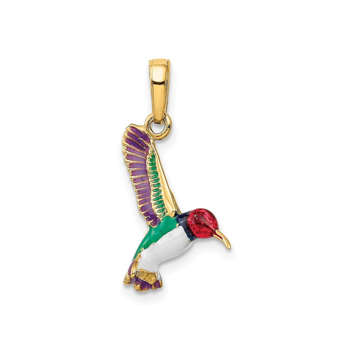 14k Yellow Gold Hummingbird Pendant with Colorful Enamel Accents, Nature-Inspired Bird Charm