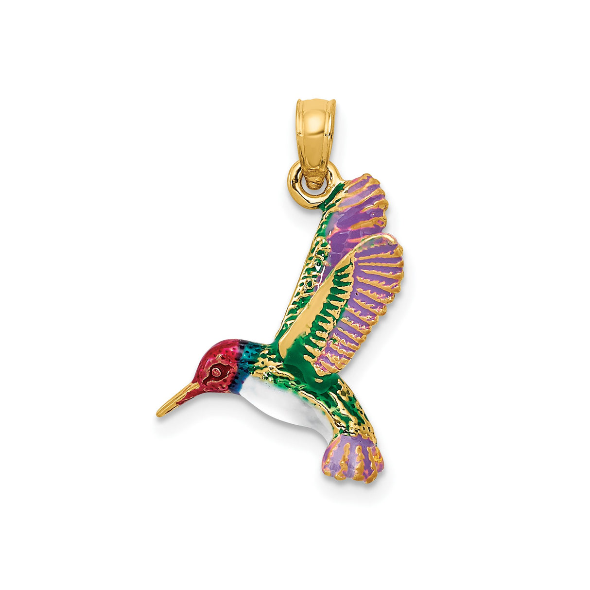 14k Yellow Gold Hummingbird Pendant with Colorful Enamel Accents, Nature-Inspired Bird Charm