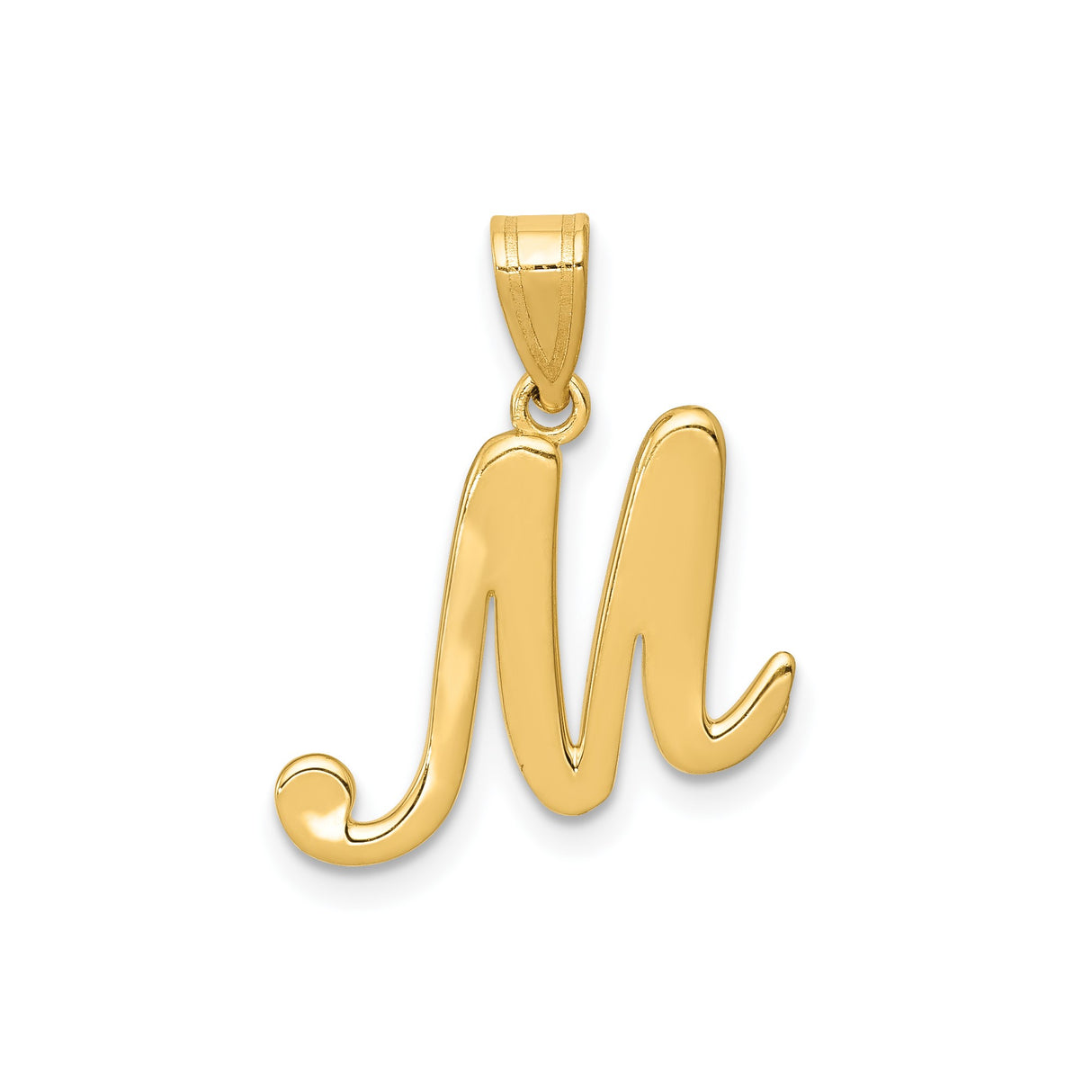 14k Yellow Gold Script Initial M Pendant, Polished Cursive Letter Charm for Women