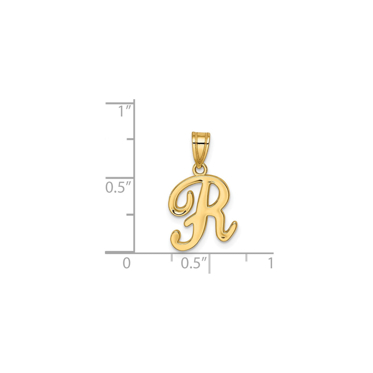14k Yellow Gold Pendant, Uppercase Letter R in Cursive Script, Polished Finish
