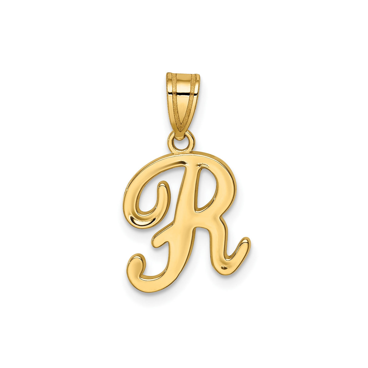 14k Yellow Gold Pendant, Uppercase Letter R in Cursive Script, Polished Finish