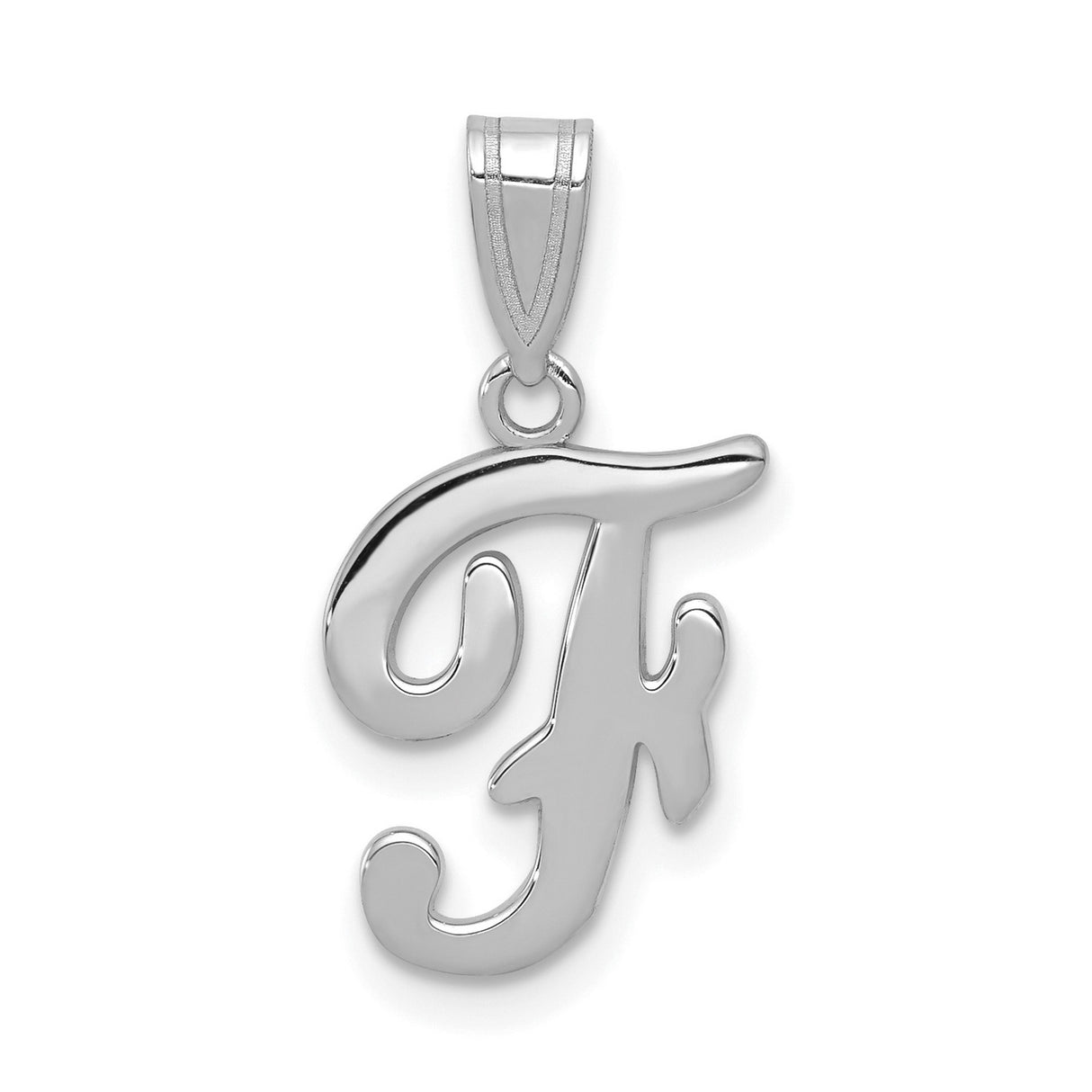 14k White Gold Script Letter F Pendant, Polished Initial Charm Jewelry for Women