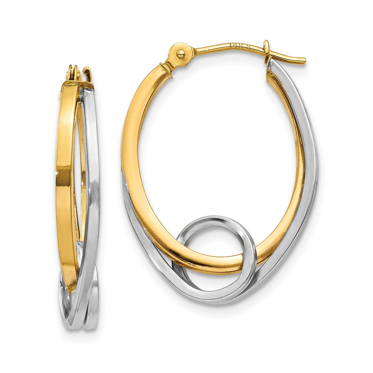 14k Yellow Gold Hoop Earrings with Interlocking Yellow and White Gold Loops for Women