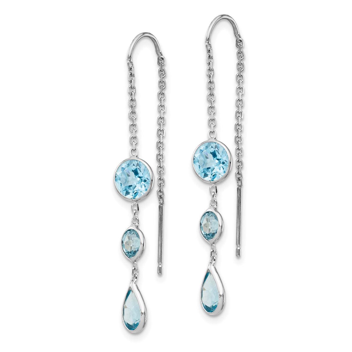 14k White Gold Threader Earrings with Pear and Round Swiss Blue Topaz, Delicate Chain Design
