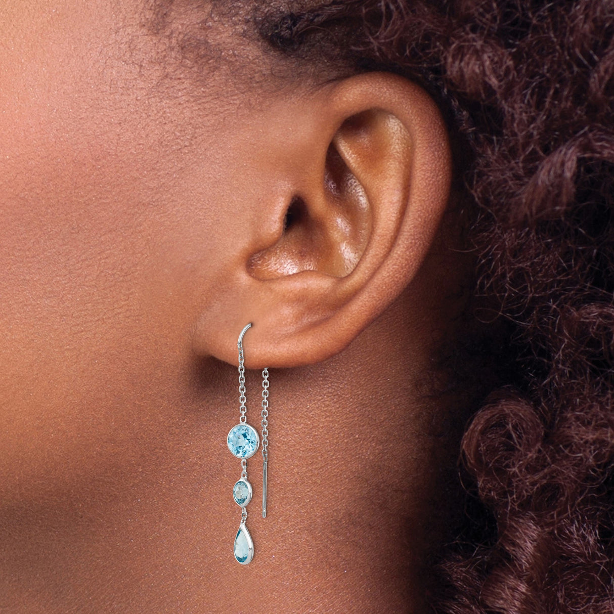 14k White Gold Threader Earrings with Pear and Round Swiss Blue Topaz, Delicate Chain Design