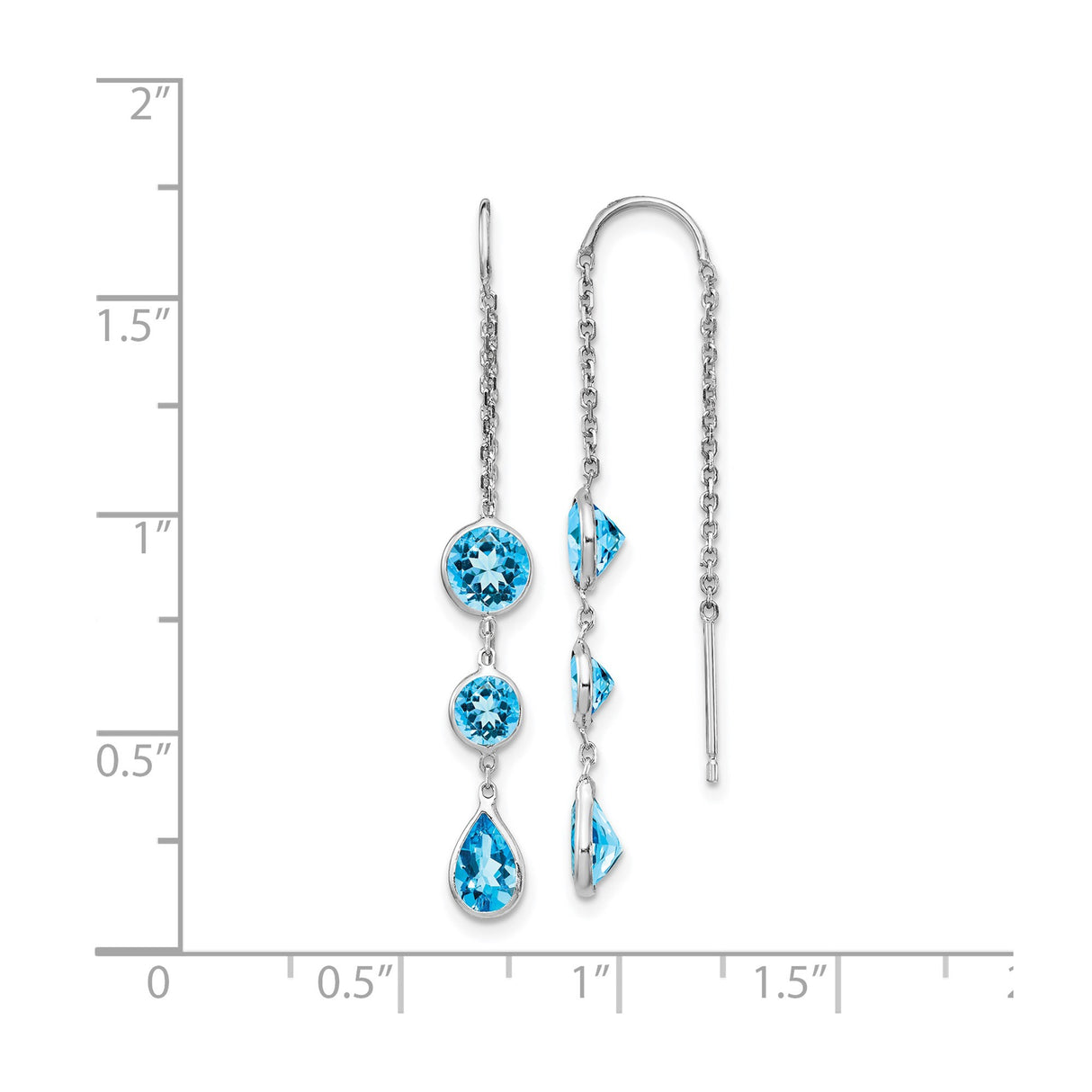 14k White Gold Threader Earrings with Pear and Round Swiss Blue Topaz, Delicate Chain Design