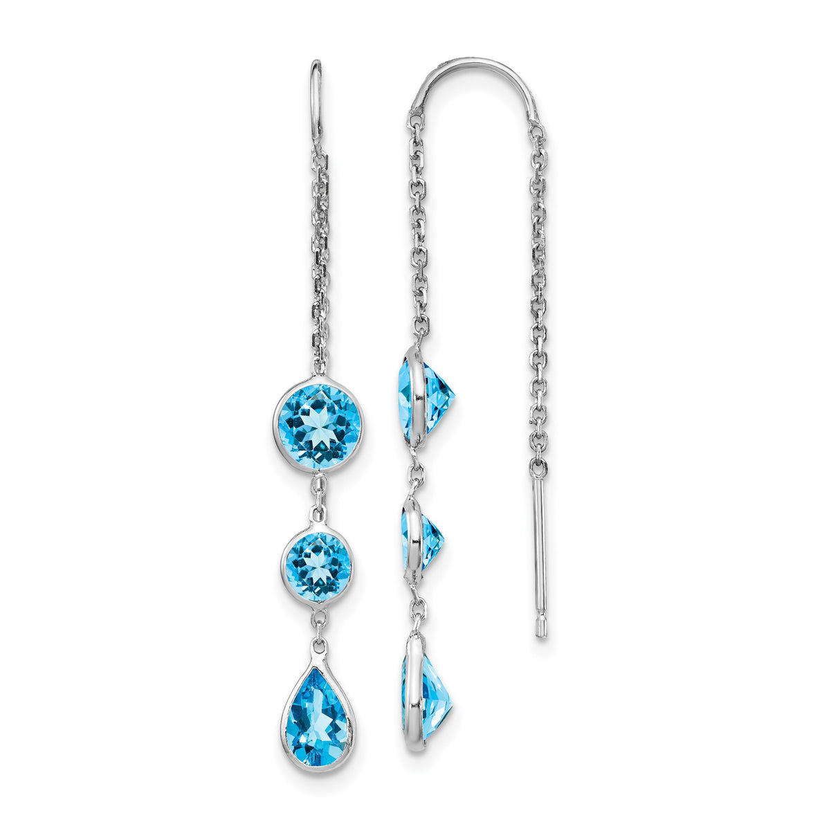 14k White Gold Threader Earrings with Pear and Round Swiss Blue Topaz, Delicate Chain Design