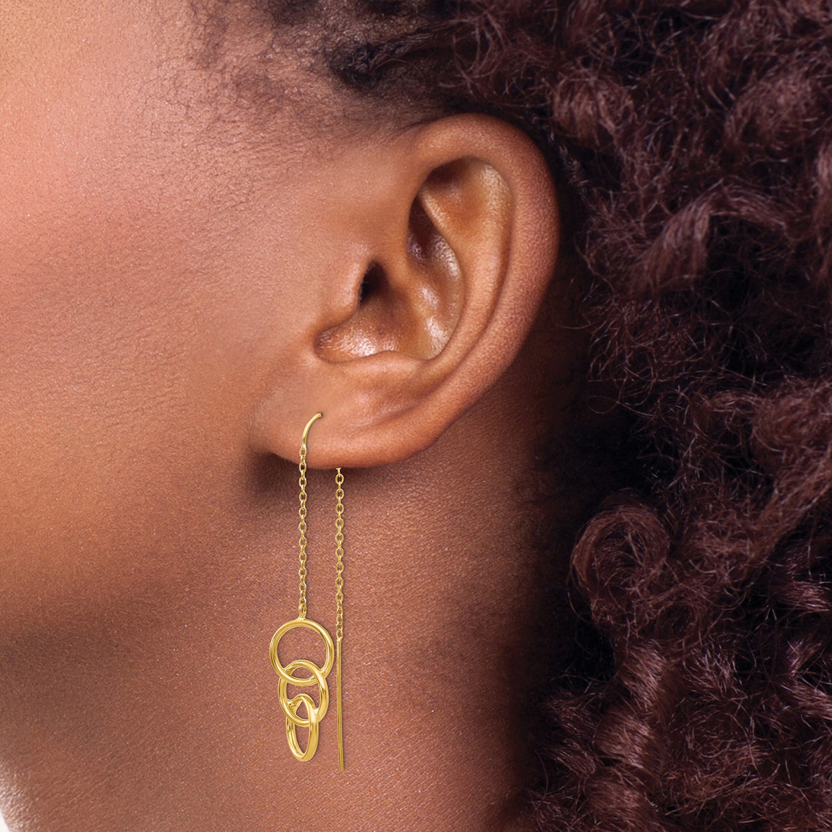 14k Yellow Gold Threader Earrings with Interlocking Open Circle Links, Minimalist Dangle Design