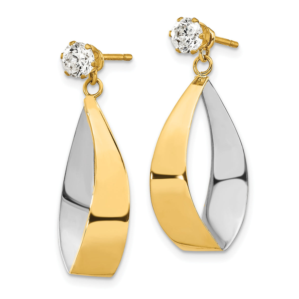 14k Yellow Gold Twisted Teardrop Earrings with Cubic Zirconia, Two-Tone Dangle Design for Women