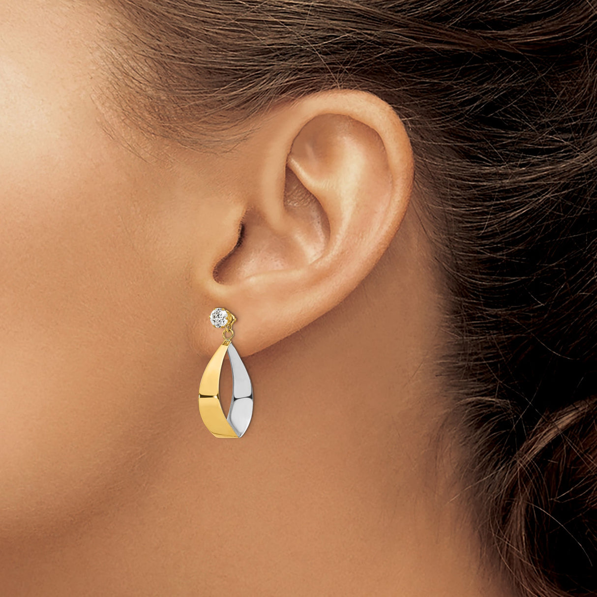 14k Yellow Gold Twisted Teardrop Earrings with Cubic Zirconia, Two-Tone Dangle Design for Women