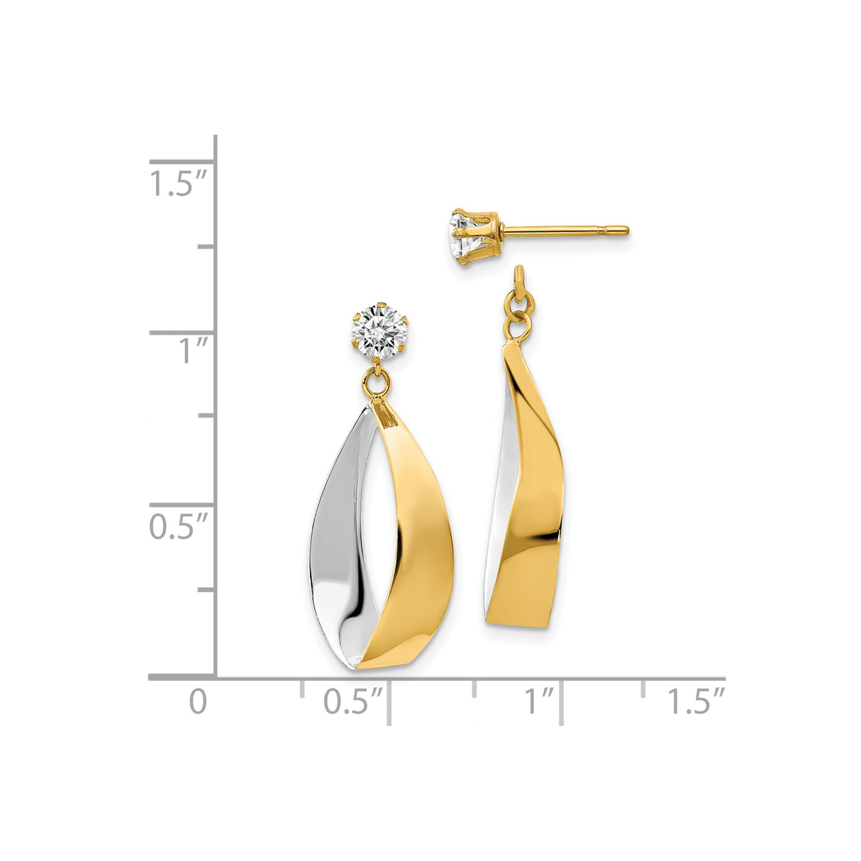14k Yellow Gold Twisted Teardrop Earrings with Cubic Zirconia, Two-Tone Dangle Design for Women