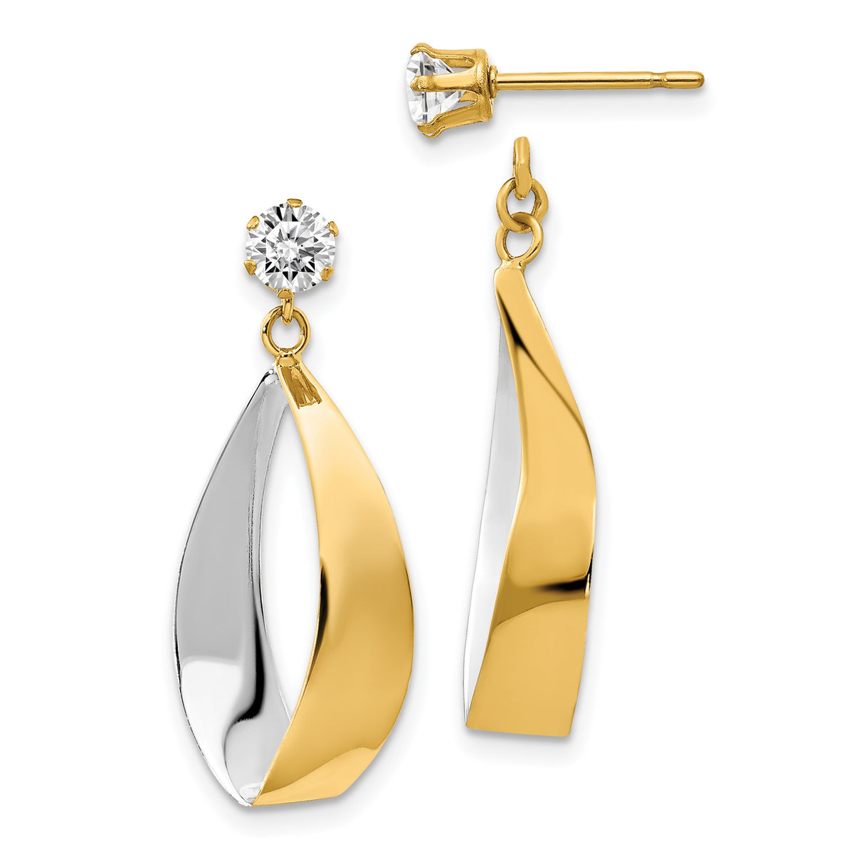 14k Yellow Gold Twisted Teardrop Earrings with Cubic Zirconia, Two-Tone Dangle Design for Women